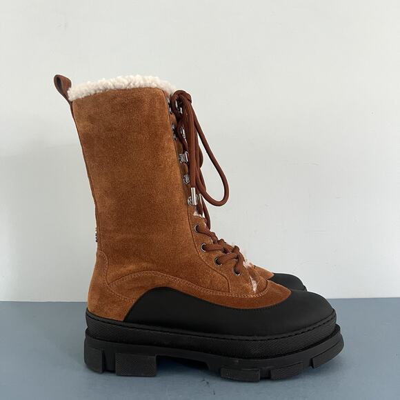Jimmy Choo Aldea Lace-Up Shearling Lined Suede Camel Brown Mid Calf Boots - Picture 5 of 13